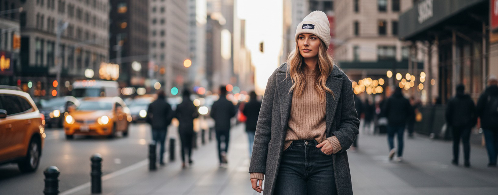 woman in new york with nifty beanie